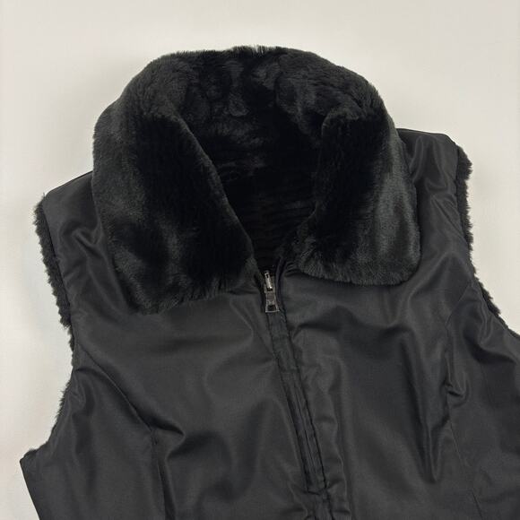 Liz Claiborne Petite M Black Ribbed Faux Fur Full Zip Reversible Vest Pockets - Picture 6 of 10